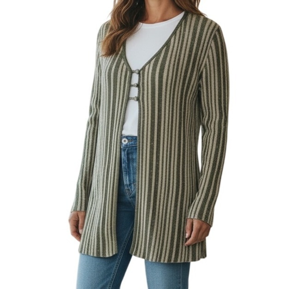 HOUSE OF HARLOW 1960 Striped Button Front Olive Green & Cream Metallic NWOT XS